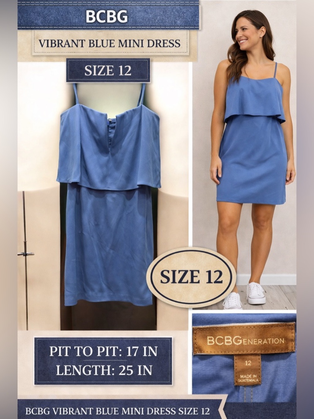 BCBG Vibrant Blue mini Dress size 12 pit to pit 17in length 25in
